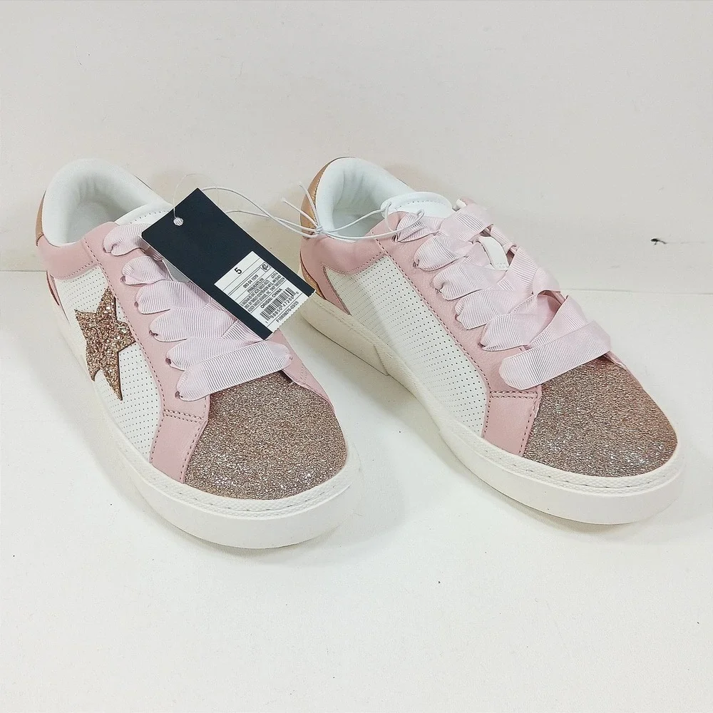 Art Class Kaitlyn Pink White Glitter Star Ribbon Lace Sneakers Girls Size 5 NEW